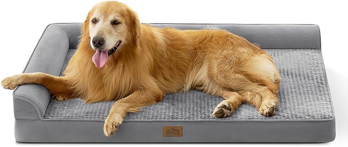 Orthopedic Dog Bed for Extra Large, XXL Dogs Bed, L Shaped Foam Anti-Slip Bottom Giant Pet Cat Sofa with Washable Cover, Suitable for Pet Up to 150 lbs, 48x35x8 inch, Grey ﻿