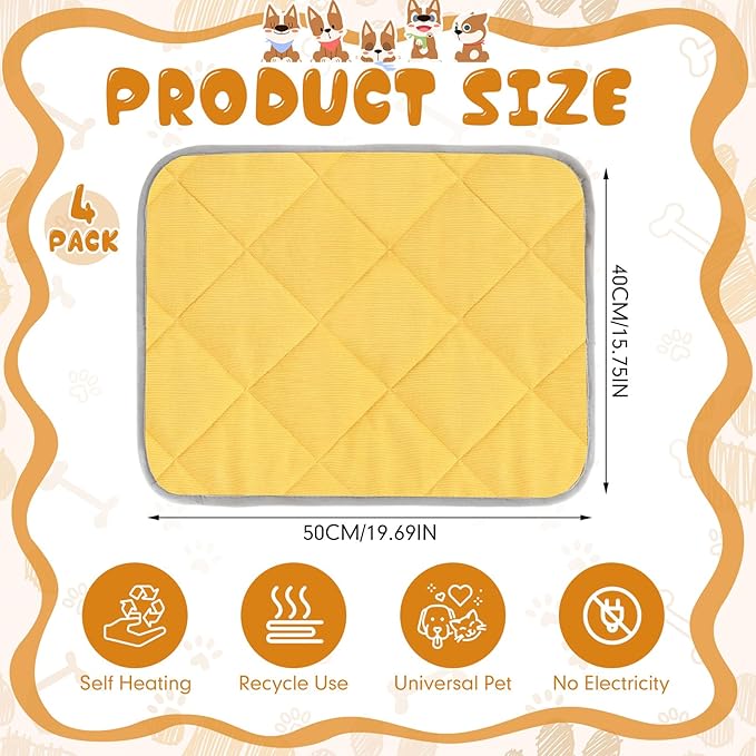 Novabright 4 Pack Self Warming Cat Bed Cat Dog Heating Pad Soft Warm Thermal Mat with Anti-Slip Bottom Dog Crate Pad for Outdoor Indoor Small Dogs Kittens(Turmeric Color,15.7 x 19.6 Inches)