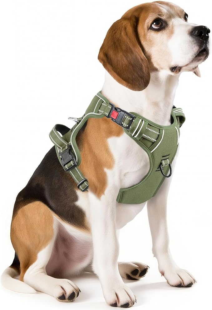 Timos Dog Harness Medium Sized, No Pull Pet Harness with Neck Lockable Snap,No Choke Front Clip Dog Reflective Vest,Adjustable Metal Rings 3 Buckles,Easy Control Handle for Medium Dogs Green M