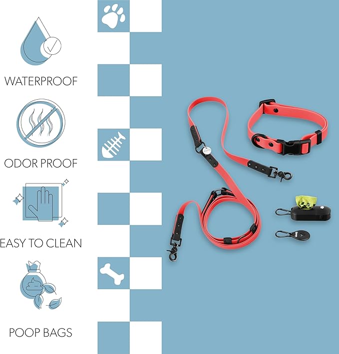 WLK1004M-5SET Luna Small 8FT Adjustable 6-in-1 Waterproof Hands-Free Leash and Collar with LED Flashlight, Bag Dispenser, and Poop Bag Holder, Shirley