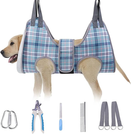 BEAUTYZOO Dog Grooming Hammock, Medium Dog Sling for Nail Trimming, Dog Hanging Harness for Claw Care with Thick Fabric Neck Support Wide Strap Restraint Cat Grooming Hammock, Blue L
