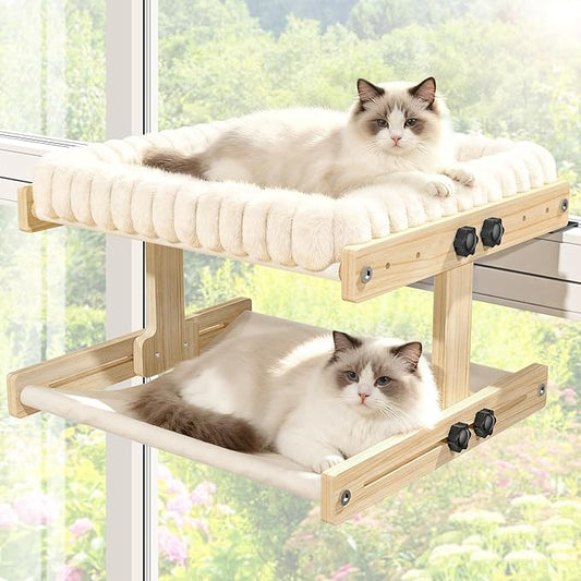 Cat Perch for Window XiaZ Cats Hammock Indoor Cat Bed for Window Wall Shelves Adjustable 50LB Bearing Wooden Frame W/Detachable Washable Cushion Perfect for Bird Watching Sunbathing Double Layer