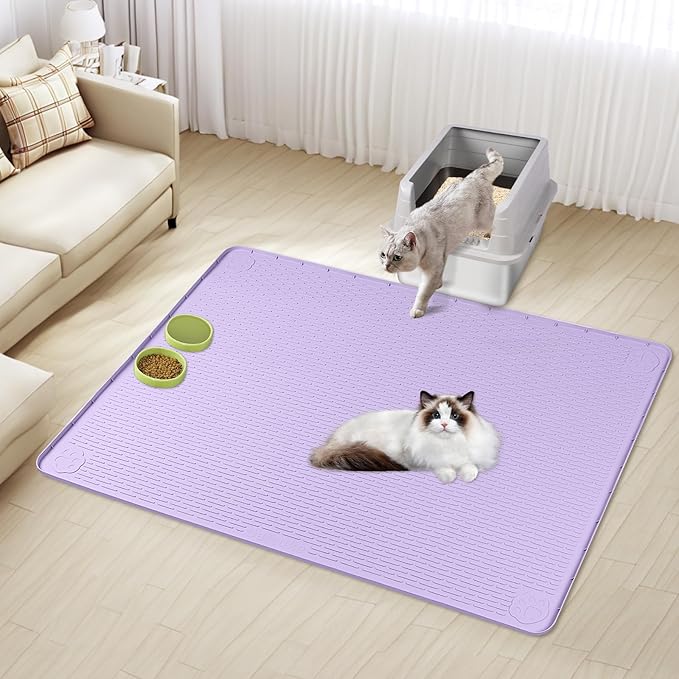Cat Litter Mat, XXL Extra Large 50" x 35" Silicone Mat Litter Trapping Mat for Scatter Control, Soft on Kitty Paws, Easy to Clean (Purple)