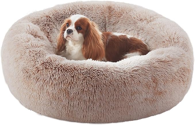 30 inches Donut Dog Bed for Medium Dogs,Calming Fluffy Round Pet Bed with Removable & Washable Cover,Fits up to 45 lbs Pets(Brown,Medium)
