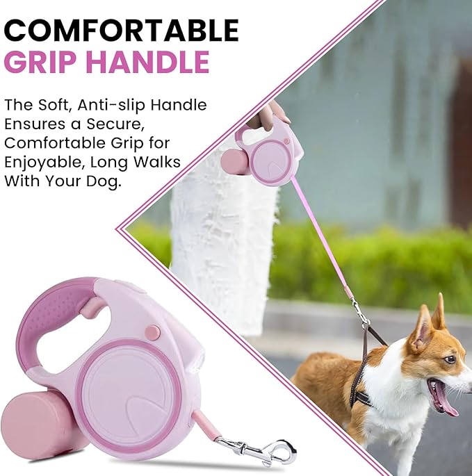 Best Dog Supplies | Pink Retractable Dog Leash with Light, Poop Bag Dispenser, Poop Bag Holder, 2 Elastic Ropes | Set of 4
