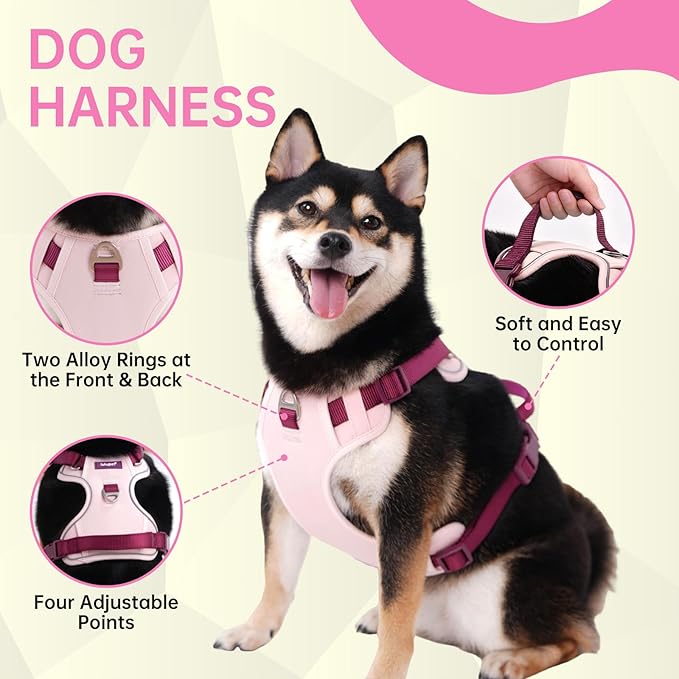 No Pull Dog Harness Leash and Collar Set, Soft Adjustable Dogs Vest Reflective and Comfortable Handle Pink Medium