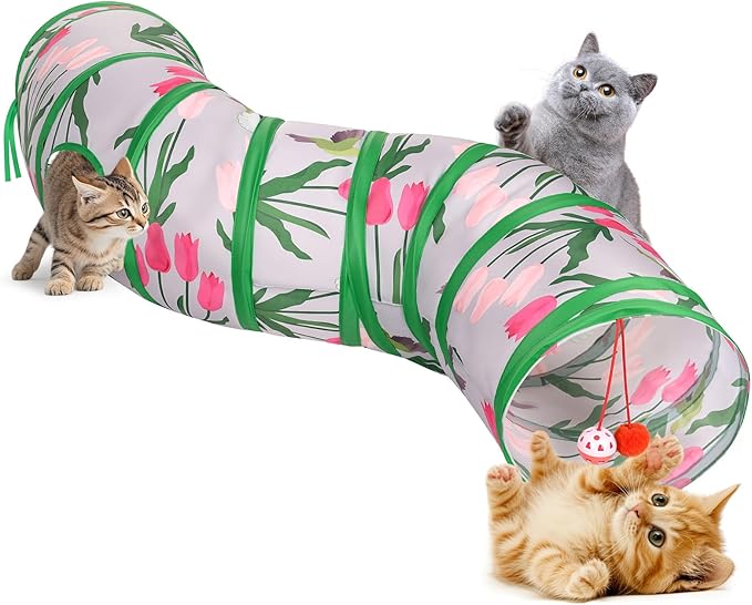 Pawaboo Cat Tunnel, S-Shaped Cat Tube Tunnel 25 * 97cm(9.8''*38.2'') with Balls and Bells, Collapsible Portable Kitten Play Tent Toy Interactive Cats House with Peep Holes for Kitty, Tulip & Bird