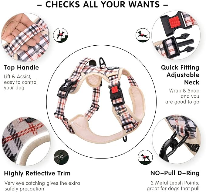 PoyPet Plaid Dog Harness, No Pull Front Clip Pet Vest Harness, Soft Padded Reflective Adjustable Walking Harness with Handle for Medium Dogs(Checkered Beige,M)