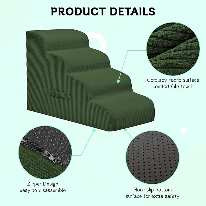 Dog Steps for Small Dogs, 4-Step Pet Ramp Stairs for High Beds and Sofa, Non-Slip Pet Stairs for Small Dogs and Cats, Removable and Easy to Clean Cover, Green