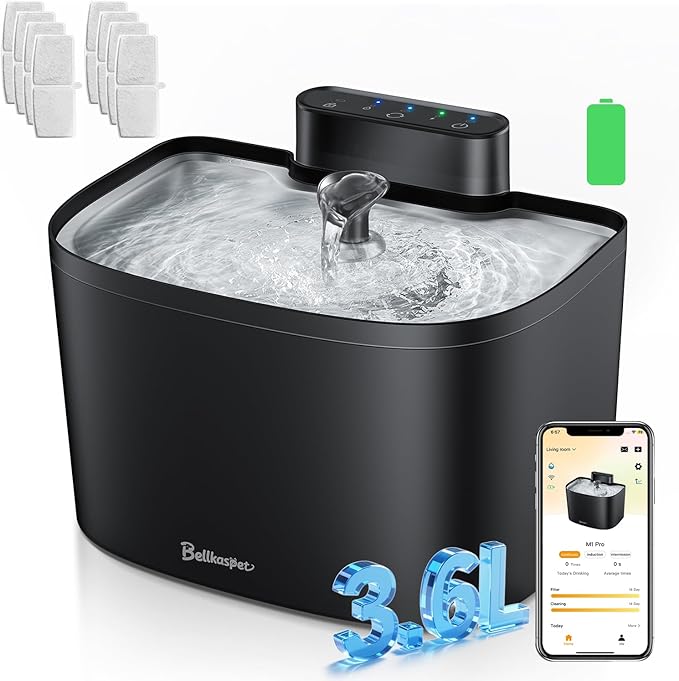 Cat Water Fountain, App Control Wireless Cat Fountain, 122oz/3.6L Pumpless Water Fountains for Cats Indoor with Stainless Steel Tray, Wi-Fi Dog and Pet Water Fountain (Black, Fountain+8 Fliters)