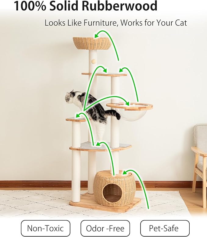 Wood Cat Tree for Large Cat, 63-Inch Tall Cat Tower with Scratching Post for Indoor Cats, Multi-Level Cat Condo with Hand-Woven Cat Bed and Acrylic Bowl Easy to Clean (White 81007s)