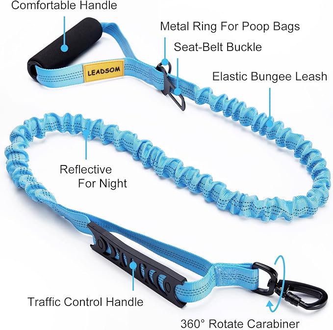 6FT Highly Reflective Heavy Duty Elastic Bungee Medium and Large Dog Leash Shock Absorbing with Comfortable Padded Handle and Traffic Handle Suitable for Training Light Blue