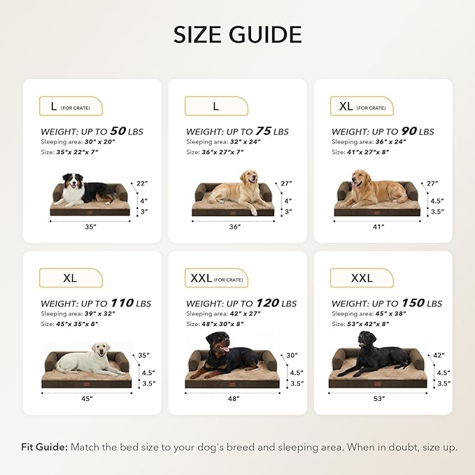 Orthopedic Dog Beds for Extra Large Dogs, Waterproof Egg Crate Foam XL Dog Bed with Sides 41x27Inch, Washable Big Dogs Couch Beds with Removable Cover and Nonskid Bottom, Brown