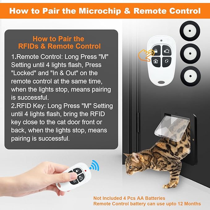 Smart Cat Door with 3 Collar Sensor, RFID Cat Door Collar Activated with Remote Control, 4 Way Locking Cat Flap Automatic Pet Door