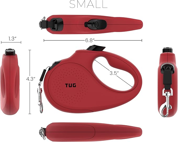 TUG Monochrome 360° Tangle-Free Retractable Dog Leash | 16 ft Strong Nylon Tape (Small, Red)