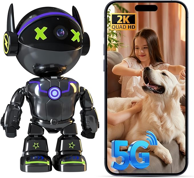 Cameras for Home Security Indoor Robot, 2K 2.4&5Ghz Indoor Camera WiFi Wireless Pet/Nanny/Dog Camera Phone App, Human Detection Color Night Vision, 2 Way Talk, AI Notification Smart Search Monitor Cam