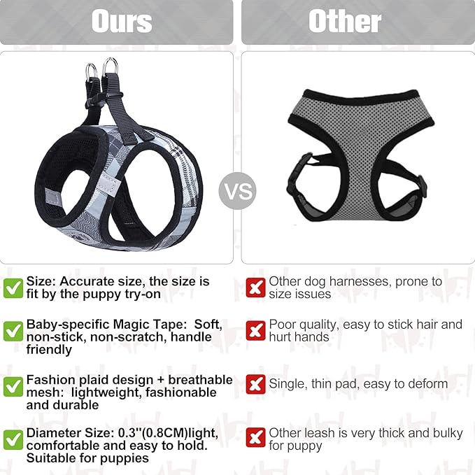 BEAUTYZOO Small Dog Harness and Leash Set,Step in No Choke No Pull Soft Mesh Dog Harnesses Reflective for Extra-Small Medium Puppy Dogs and Cats, Plaid Dog Vest Harness for XS S Pets, Grey S