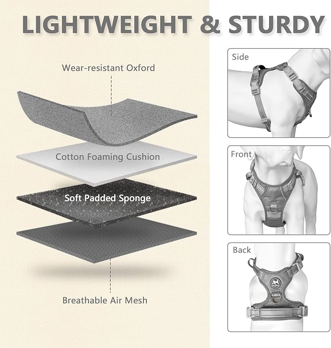 PoyPet No Pull Dog Harness, No Choke Reflective Dog Vest, Adjustable Pet Harnesses with Easy Control Padded Handle for Small Medium Large Dogs(Gray,M)