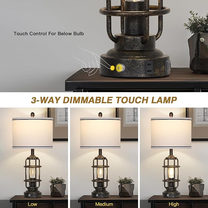 26" Vintage Industrial Table Lamps Set of 2, Farmhouse 3 Way Dimmable Touch Control LED Night Lights Table Lamp with USB A+C Ports & AC Outlet, Rustic Retro Beside Nightstand Lamp for Bedrooms Bronze