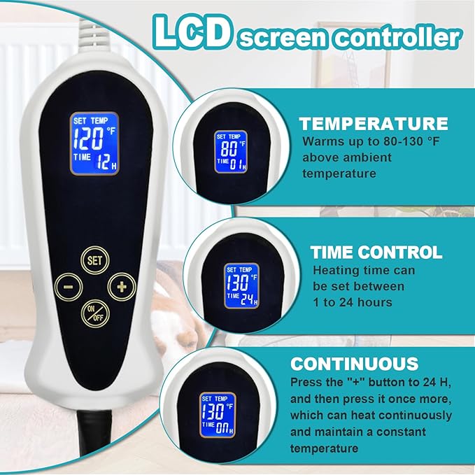 Cat Heating Pad, 18x18 in Pet Heating Pad for Dogs and Cats, Heated Cat Bed with Chew Resistant Cord, Temperature and Timer Adjustable Controller, Soft Plush Cloth Cover