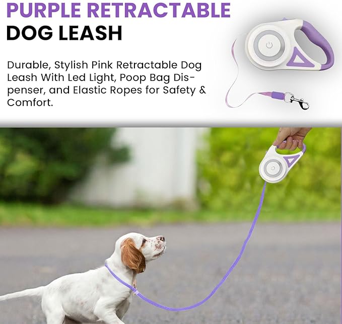 Best Dog Supplies | Pink Retractable Dog Leash with Light, Poop Bag Dispenser, Poop Bag Holder, 2 Elastic Ropes | Set of 4 (Purple)