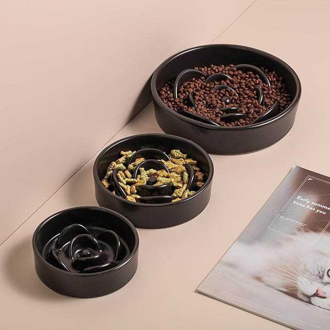 Black Ceramic Slow Feeder Dog Bowl for Medium and Large Breed,1.5 Cup 8.26 in Slow Feeding Bowl,Puzzle Dog Food Bowl for Fast Eater,Maze Dish for Fast Eater