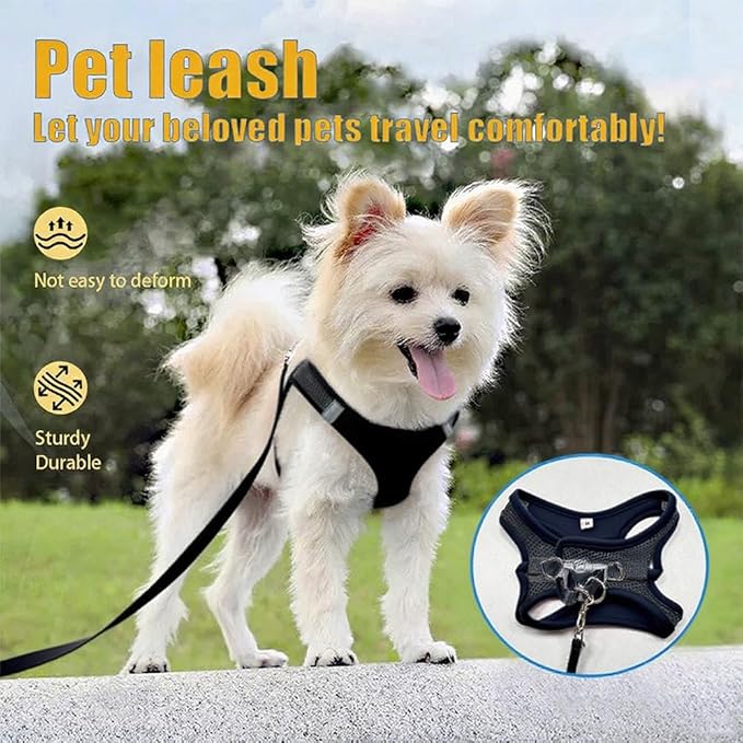 Dog Harness Small Sized and Leash Set, Dog Harness with Leash Set, Comfortable Air Mesh Dog Vest Harness with Reflective Strip, Reflective for Safe Easy Walking Dogs, Cats, Black S