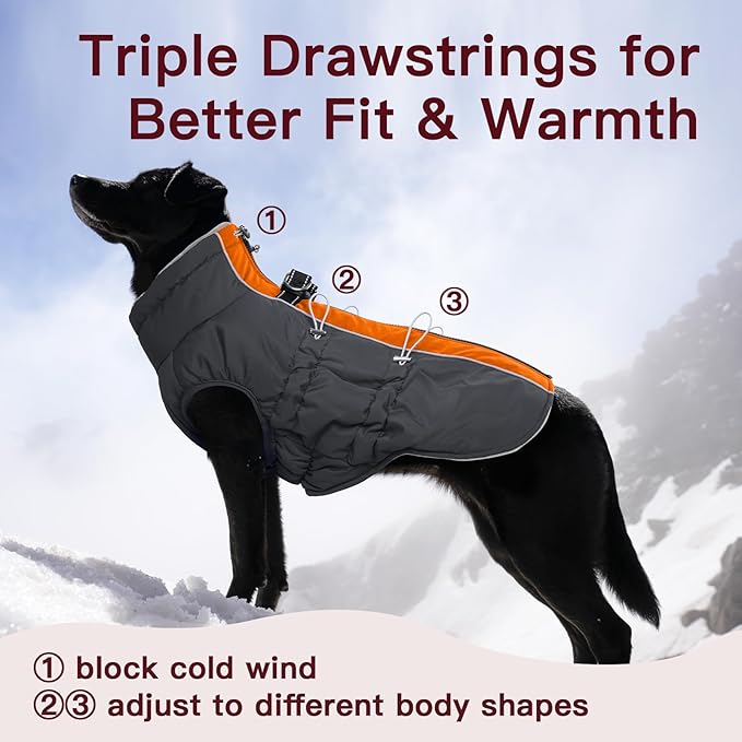 Dog Winter Jacket - XX Large, Warm Zip Up Snowsuit Dog Harness Vest, Reflective, Water-Resistant, Orange-Gray