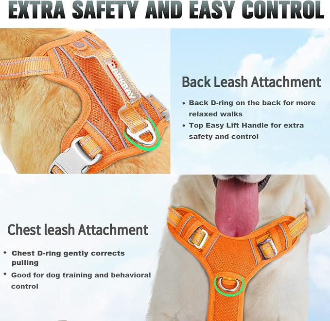 BARKBAY No Pull Dog Harness Large Reflective Dog Harness with Front Clip and Easy Control Handle for Walking Training Running with ID tag Pocket(Orange,XL)