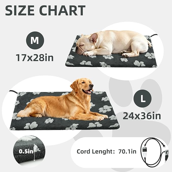 Large Dog Heating Pad with Smart Thermostat Switch, Heated Pet Crate Pad with Fleece Cover for Indoor Outdoor, 35x24 Inch with Anti-bite Cord, Constant on Function, UL&FCC Dual Certification