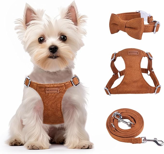 Dog Harness and Leash Set, XXS No Pull Adjustable Puppy Harness with Multifunction Pink Dog Leash and Dog Collar, Soft No Choke Escape Proof Pet Harness Vest for Small Dogs and Cats (Brown, S)
