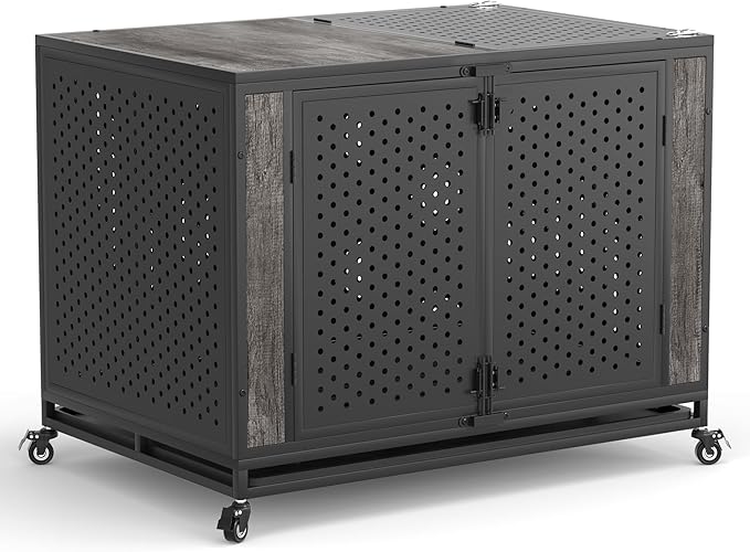 42" Heavy Duty Dog Crate Furniture for Medium and Large Dogs, Enclosed Design with 0.5 inch Holes, Indestructible Metal Kennel for High Anxiety Dogs, Chew Proof Indoor Pet House Cage, Gray