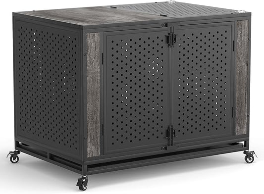 42" Heavy Duty Dog Crate Furniture for Medium and Large Dogs, Enclosed Design with 0.5 inch Holes, Indestructible Metal Kennel for High Anxiety Dogs, Chew Proof Indoor Pet House Cage, Gray