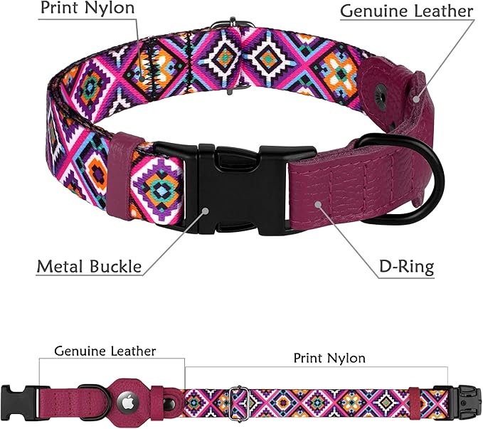 AirTag Dog Collar with Metal Buckle - Printed Nylon Soft Leather Dog Collar with Apple AirTag Holder - Secure Tracking GPS Pet Collars for Girl Boy Small Large Dogs (XS, 9"-12" Neck Fit, Aztec)
