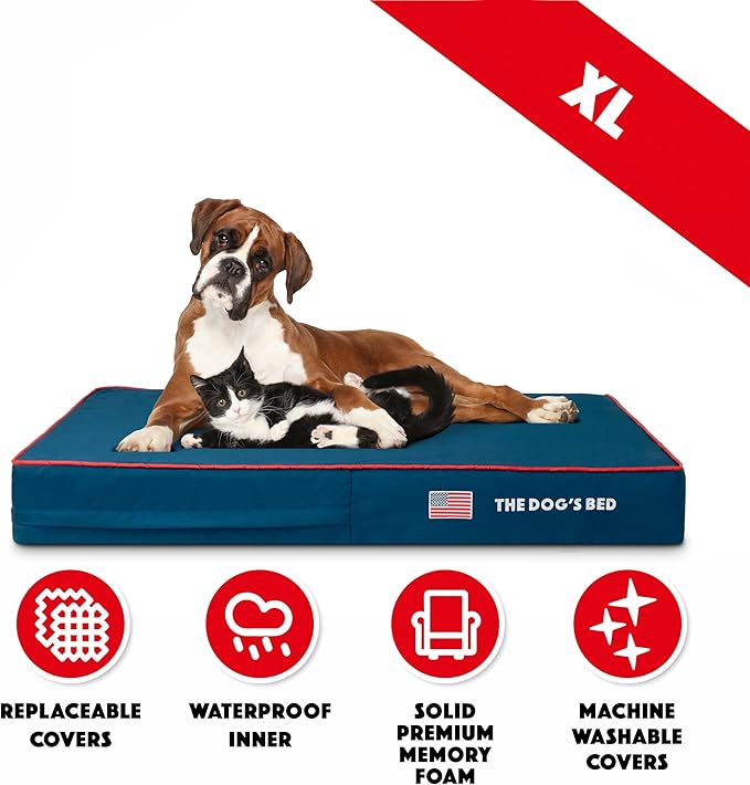 The Dog’s Bed Orthopedic Memory Foam Dog Bed, XL Blue Oxford with Red Trim USA Flag 46x28, Pain Relief for Arthritis, Hip & Elbow Dysplasia, Post Surgery, Supportive, Calming, Waterproof Washable