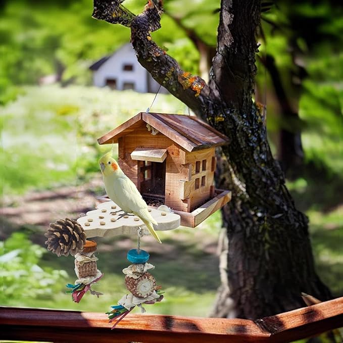 Parrot Toys, Parrot Wooden Toys Long Tailed Bird Toys with Pure Natural Corn Sticks and Pure Natural Pine Cones, Fun Bird Cage Accessories