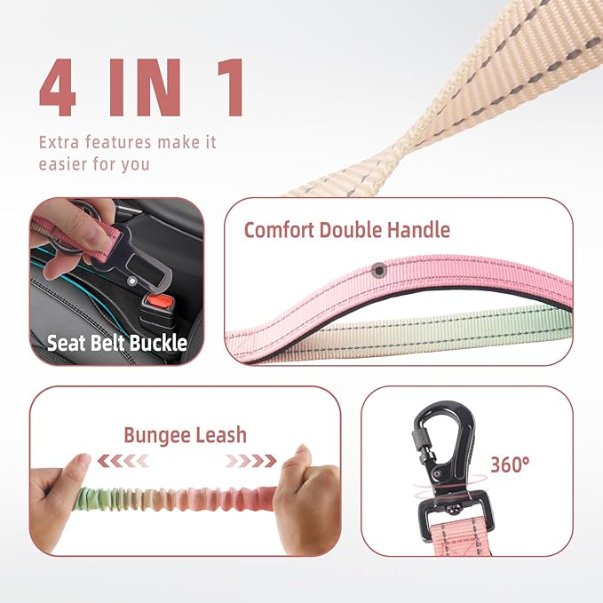 Roses&Poetry Hands Free Dog Leash for Medium Large Dogs Heavy Duty, No Pull Bungee Dog Running Waist Leash for Walking Training with Car Seatbelt 4-6FT