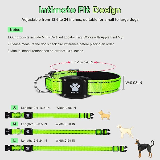 GPS Dog Collar Tracker 2-in-1,Reflective Waterproof Pet Collar,iOS-Only,No Monthly Fees,Unlimited Range,Ideal for Dog Tracking pet Tracker,for Small Medium Large Dogs(M (15"-20.5"), Green)