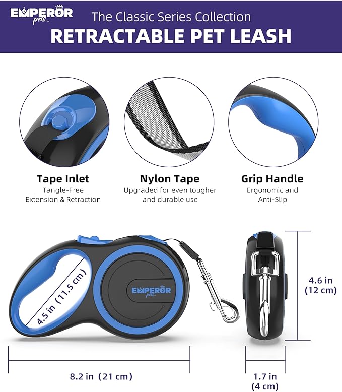 Emperor Pets 16 Feet Retractable Dog Leash Large Dogs - Up to 110lbs, Heavy Duty Leash Retractable 26 ft, Dog Leashes for Large Breed Dogs -BL16