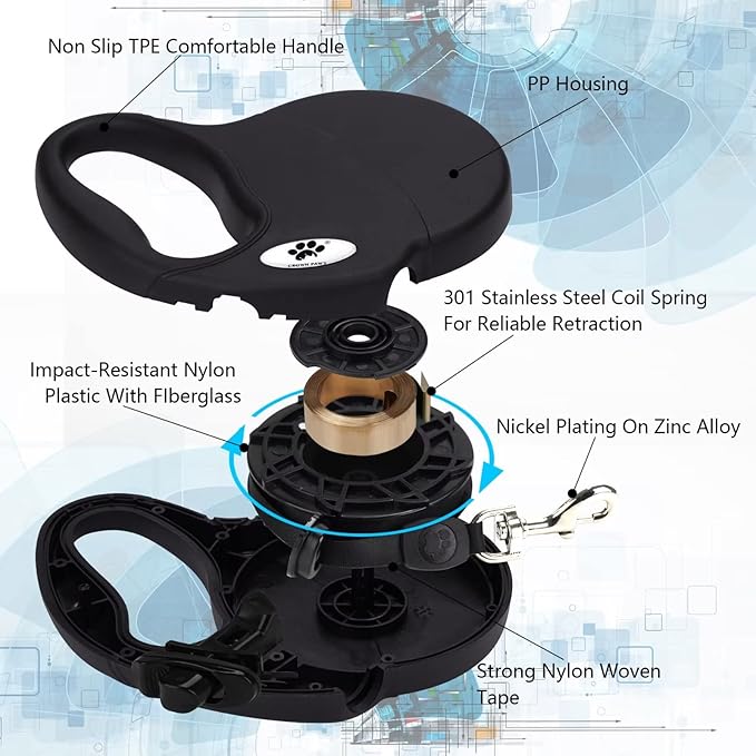 16ft Retractable Dog Leash for Medium Breed Dogs up to 44 lbs with a Detachable Chew Proof Extender Wire Ropes (Black M)