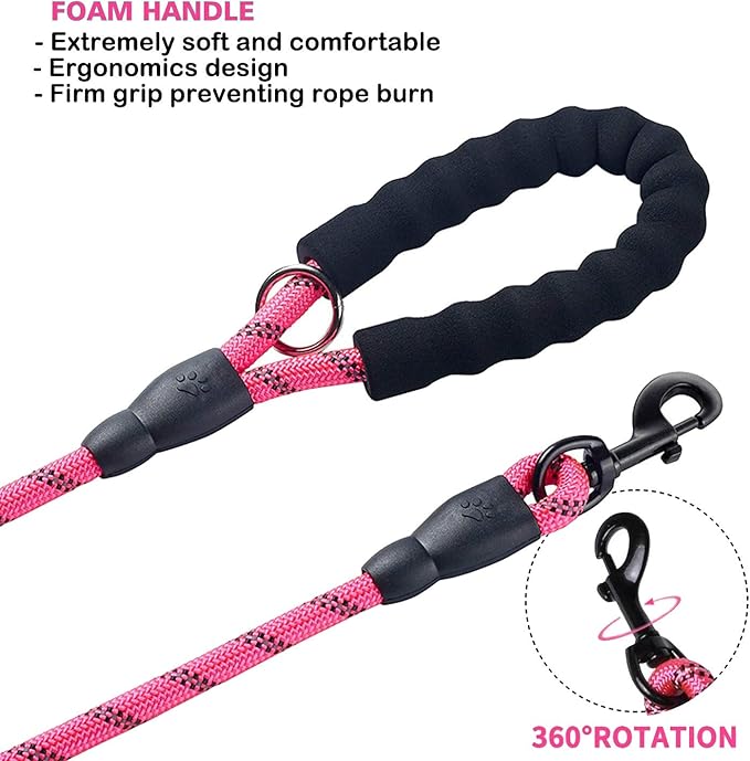 JSXD 5 FT Heavy Duty Double Handle Dog Leash with Comfortable Padded and Reflective Rope, for Small, Medium, Large Dogs (Rope-Pink)