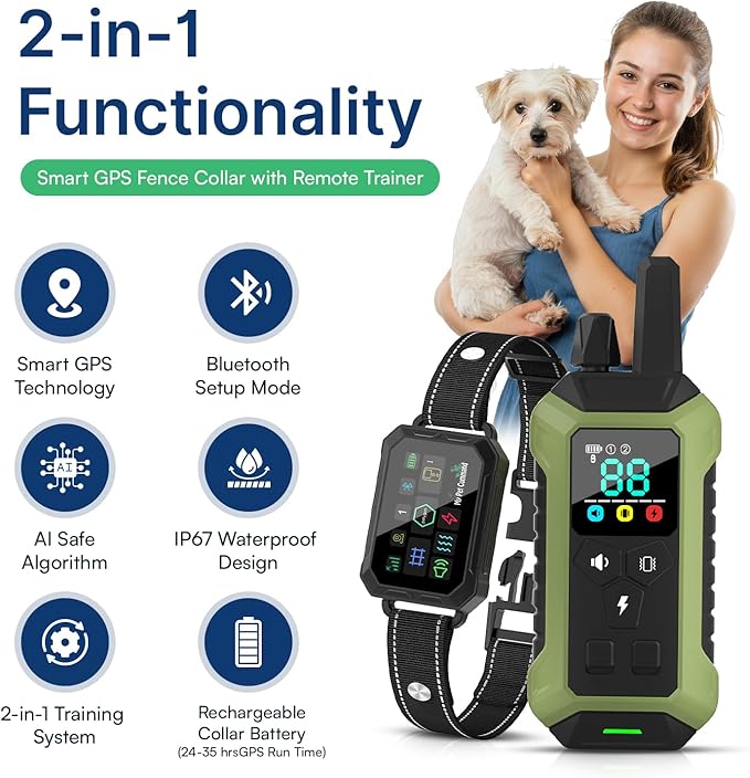 My Pet Command GPS Fence, No Subscription Wireless Dog Fence with APP, 6-Sided or Circular Fences, Tone, Vibration, Correction, Shock, Waterproof Rechargeable Collar