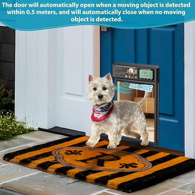 Automatic Pet Door, Dog Door Radar, Timer & Light Sensor Modes, Solar & USB Rechargeable Doggy Door, Durable Aluminum, Weatherproof, 10"×13", 24/7 Operation for Small Pets Up to 45 lb (Black)