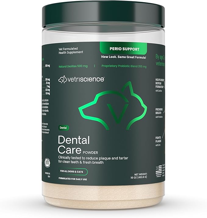 VETRISCIENCE Dental Care Powder - Dental Supplement Powder for Dogs & Cats - Supports Breath Freshening - Healthy Teeth & Gums - Easy-to-Use Oral Hygiene for Pets - 16 oz