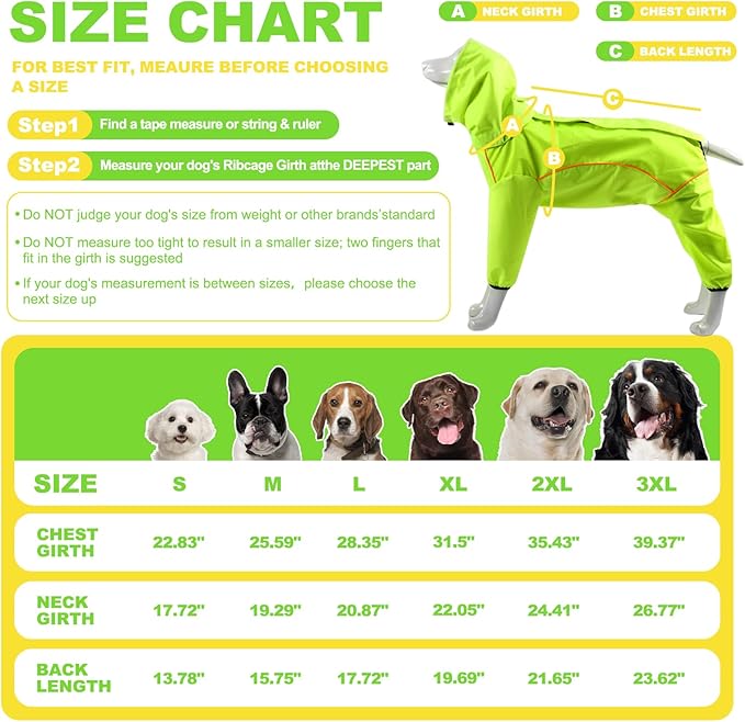 Dog Raincoat, Waterproof Dog Rain Jacket with Removable Hood，Adjustable 4 Legs Pet Poncho with Leash Hole，Reflective Stripe Hooded Snowproof Windproof Clothes for Small to 3X-Large Dogs, L