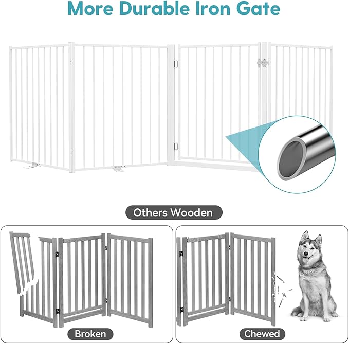 No Pawblems Free Standing Dog Gate with Door, 30'' Tall Foldable Dog Fence for Indoor & Outdoor, Up to 104 Inch Extra Wide Puppy Gate for Stairs, Hallways, Doorways, Deck, Yard (White, 4 Panels)