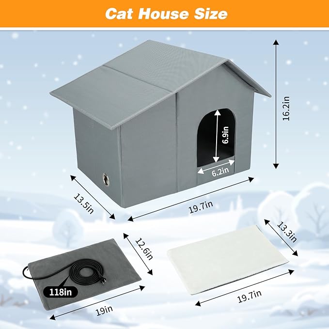 YUEPET Insulated Heated Outdoor Cat House Waterproof Cat House Outside,Large Feral Cat Houses for Winter with Thermostatically Heating Mat for Several Cats Heating House