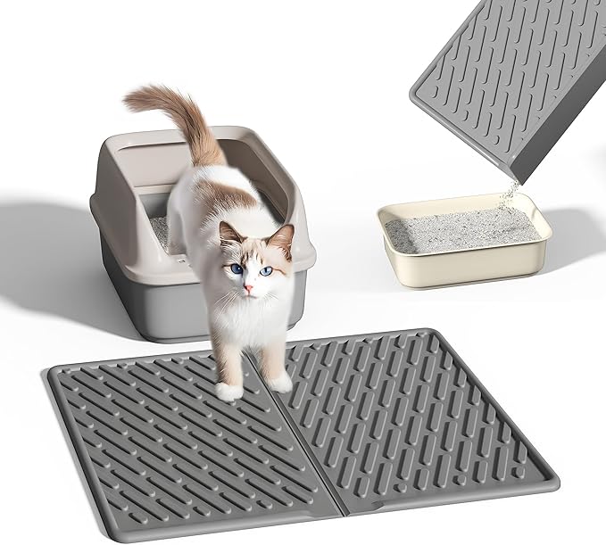 Pieviev Cat Litter Box Mat, 24"x 17" EVA Scratch Resistant Litter Trapping Mat, Easy Clean for Scatter Control, Soft on Kitty Paws, Waterproof & Urine Proof for Indoor Use, Gray