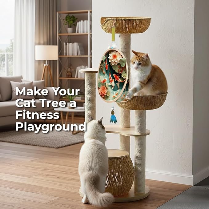 Interactive Cat Toys for Indoor Cats, Automatic Concealed Hide and Seek Hanging Feather Cat Toy, Rechargeable Motion-Activated Enrichment Toys for Bored Adult Cats (Fish Pond Pattern