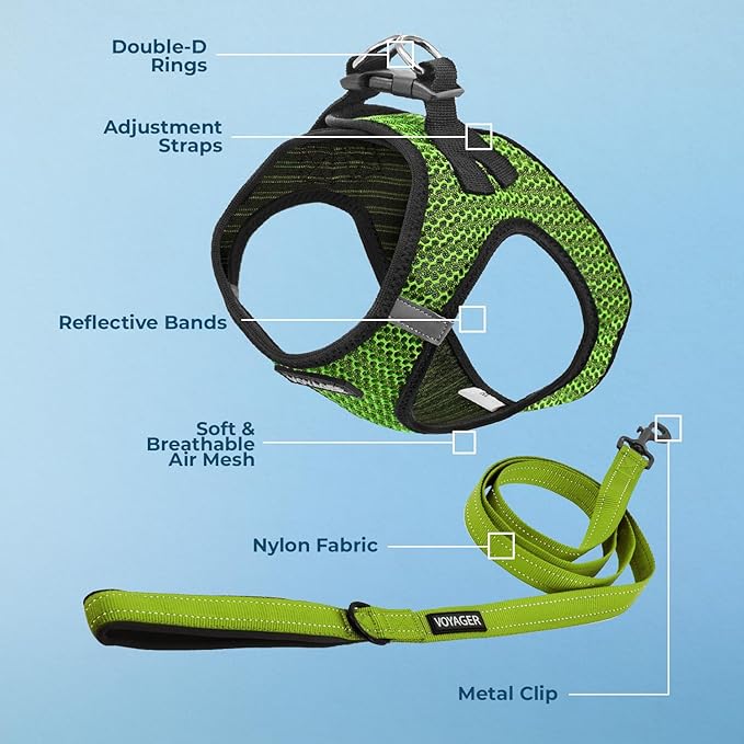 Voyager Step-in Air All Weather Mesh Harness and Reflective Dog 5 ft Leash Combo with Neoprene Handle, for Small, Medium and Large Breed Puppies by Best Pet Supplies - Lime Green (Leash Bundle), L